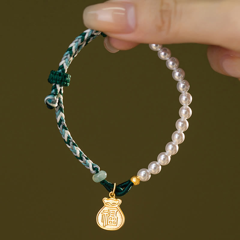 KarmaRipple's 925 Sterling Silver Fu Character Fortunate Bag Pearl Hetian Jade Wisdom Rope Bracelet p7