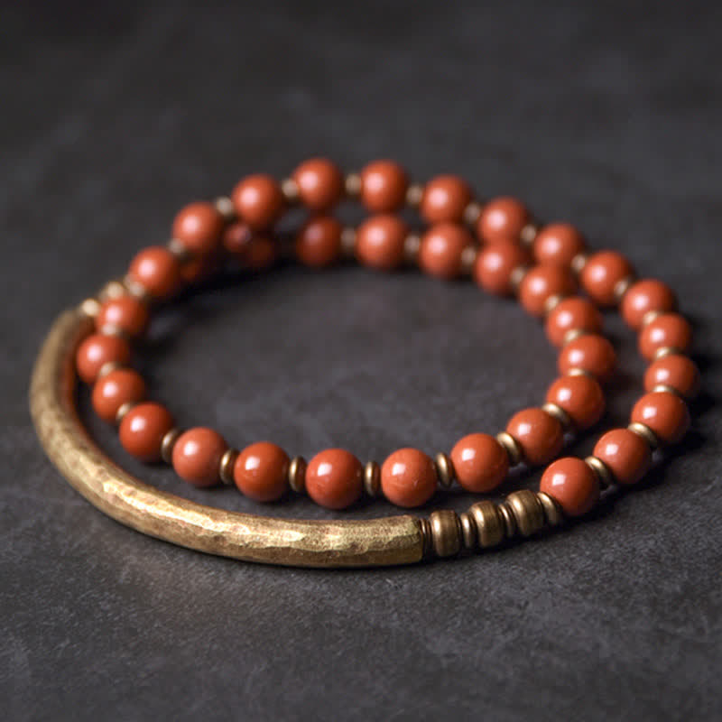 KarmaRipple's Red Jasper Moss Agate Black Obsidian Gemstone Bronze Peace Pair Bracelet p8