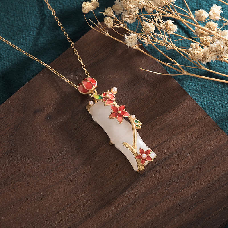 KarmaRipple's Ivory Jade Bamboo Lotus Flowers Fortune Protection Pendant Necklace p2