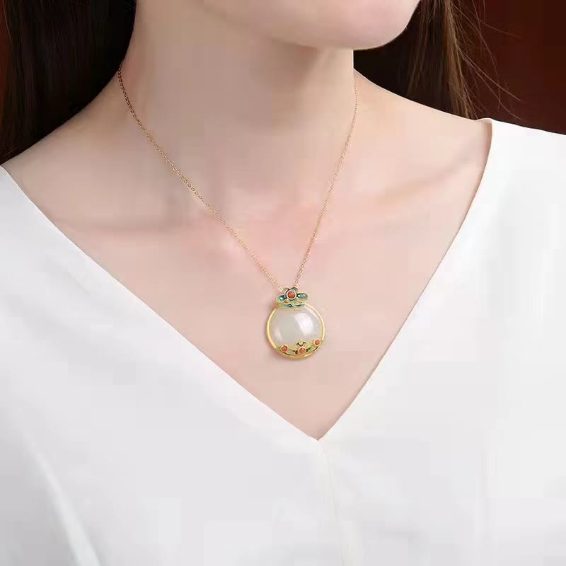 KarmaRipple's Ivory Jade Red Agate Flower Blessing Fortune Pendant Necklace p4