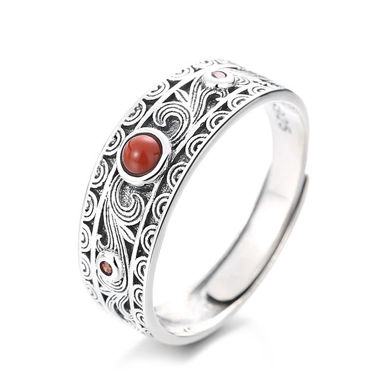 KarmaRipple's 925 Sterling Silver Embedded Red Agate Auspicious Clouds Logical Thinking Ring p1