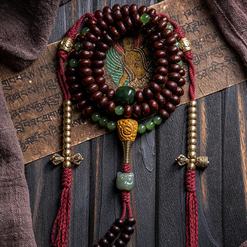 KarmaRipple's Authentic Tibet 108 Mala Beadwork Purple Bodhi Seed Hetian Cyan Jade Bronze Dorje Peace Bracelet p15