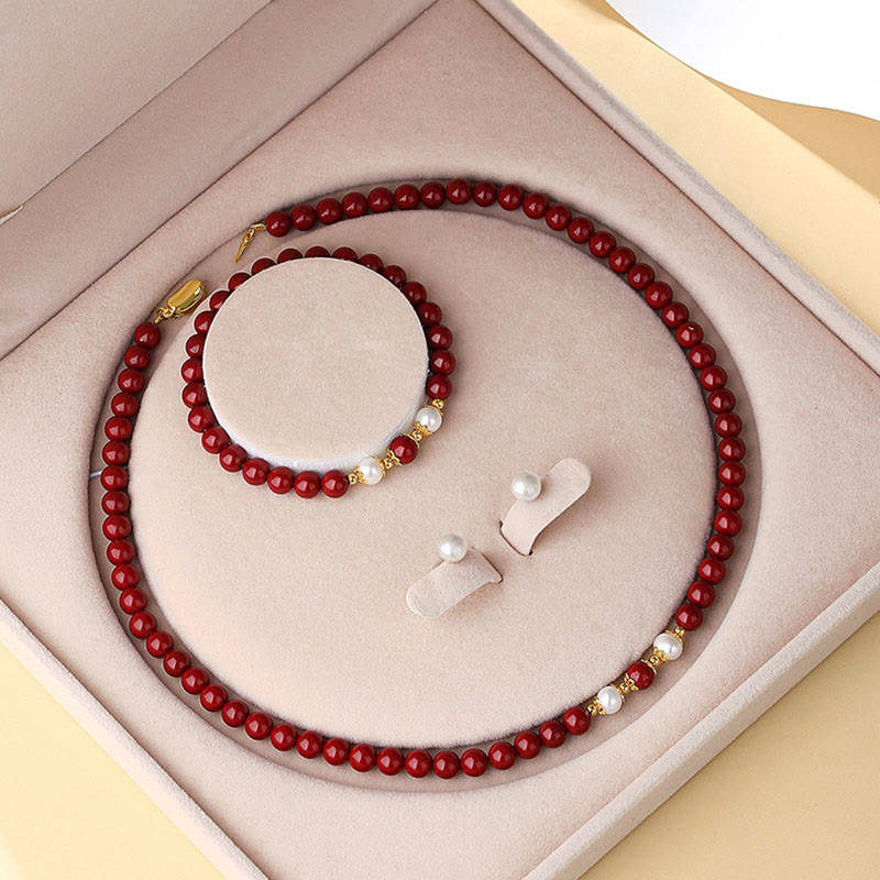 KarmaRipple's 925 Sterling Silver Authentic Cinnabar Pearl Blessing Pendant Necklace Bracelet Earrings Jewelry Set p1