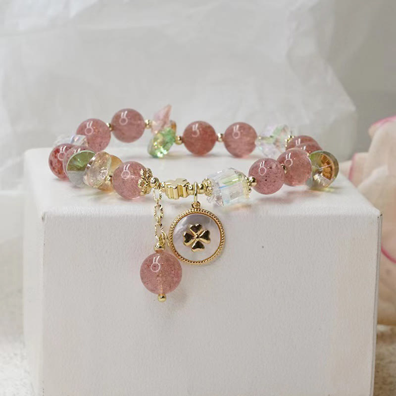 KarmaRipple's Strawberry Quartz Fortunate Four Leaf Clover Balancing Talisman Bracelet p9