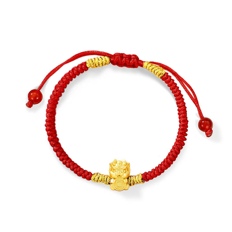 KarmaRipple's 999 Sterling Silver Year of the Dragon Bronze Coin Fortune Dragon Fu Character Fortune Handcrafted Red String Woven Bracelet p12
