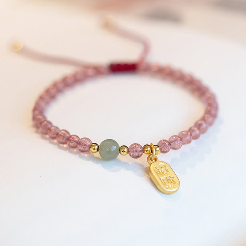KarmaRipple's Authentic Strawberry Quartz Garnet Jade Fortunate Fortune Fu Character Balancing Talisman Bracelet p4