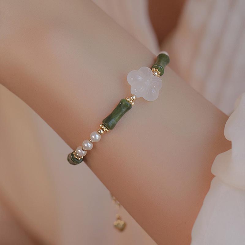 KarmaRipple's Peridot Bamboo Flower Agate Pearl Peace Bracelet p2