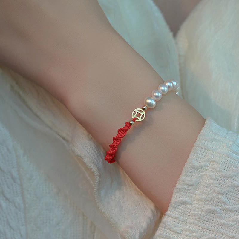 KarmaRipple's 14K Gold Plated Pearl Bead Fortune Protection Braid Red String Bracelet p14
