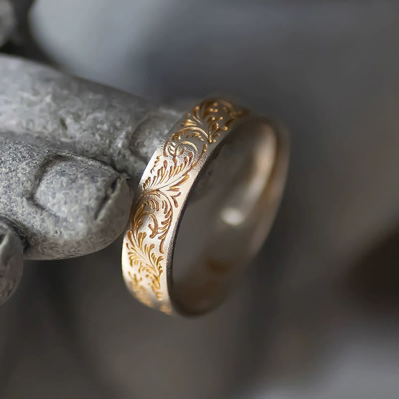 KarmaRipple's KarmaRipple 999 Sterling Silver Gold-Painted Joyful Flower Pattern Peaceful Heart Sutra Ring p11