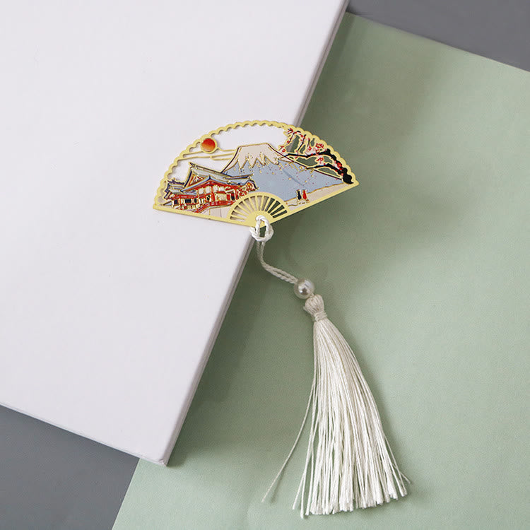 KarmaRipple's Traditional Butterfly Lotus Flower Crane Dragon Phoenix Fox Koi Fish New Beginning Metal Brass Hollow Fan Bookmarks p47