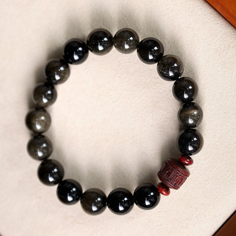 KarmaRipple's Authentic Gold Sheen Obsidian Rainbow Obsidian Om Mani Padme Hum Fu Character Balancing Bracelet p14