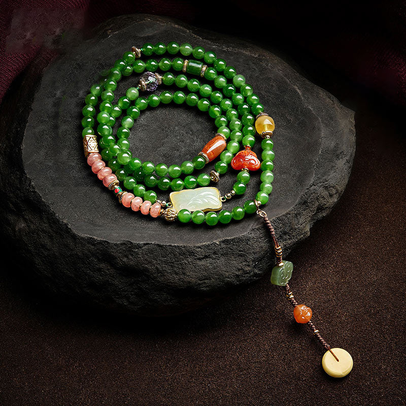 KarmaRipple's 108 Mala Beadwork Cyan Jade Red Agate Laughing Buddha Fortune Bracelet p11