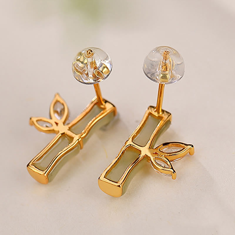 KarmaRipple's 925 Sterling Silver Hetian Cyan Jade Ivory Jade Red Agate Bamboo Pattern Fortune Stud Earrings p9