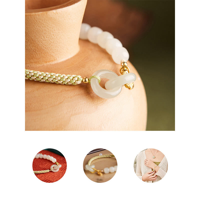 KarmaRipple's Authentic Hetian Jade Bead Double Peace Buckle Fu Character Abundance Woven Bracelet p25