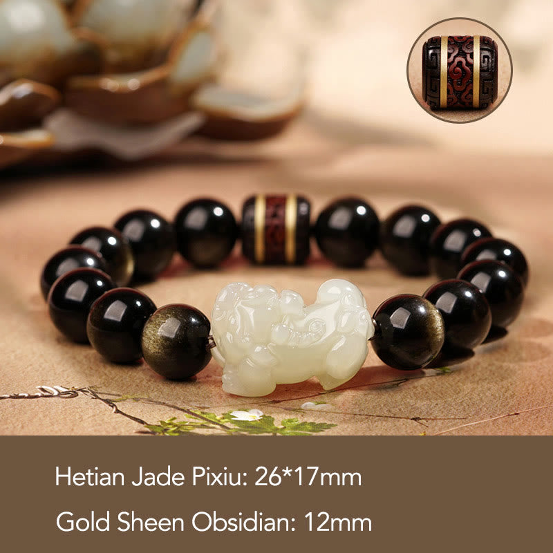 KarmaRipple's Authentic Gold Sheen Obsidian Hetian Cyan Jade Ivory Jade PiXiu Wealth Bracelet p6