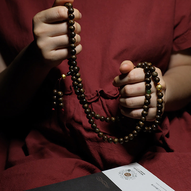 KarmaRipple's 999 Gold 108 Mala Beadwork Kalimantan Agarwood Cyan Jade Six True Words Strength Bracelet p4