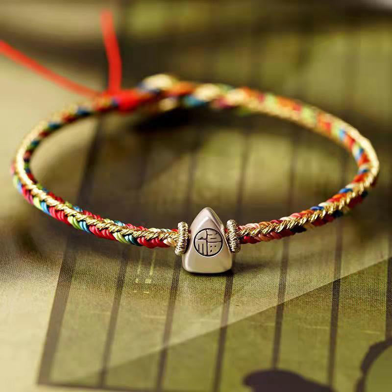 KarmaRipple's 925 Sterling Silver Fu Character Zongzi Pattern Multicolored String Fortune Handmade Woven Bracelet p47