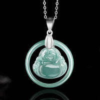 KarmaRipple's 925 Sterling Silver Authentic Jade Round Laughing Buddha Abundance Chain Pendant Necklace