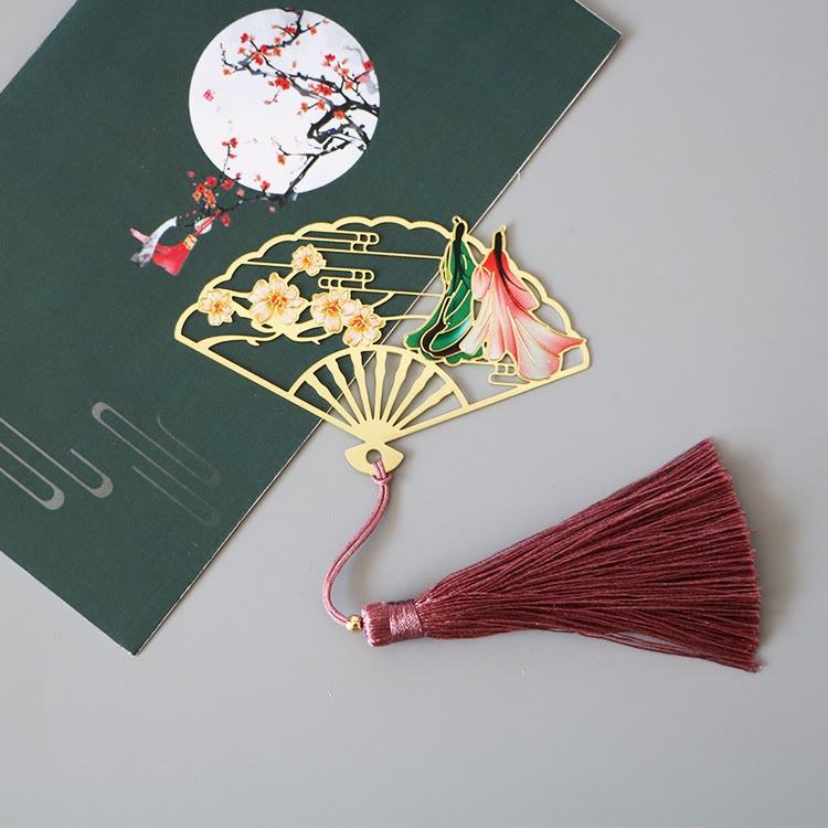 KarmaRipple's Traditional Butterfly Lotus Flower Crane Dragon Phoenix Fox Koi Fish New Beginning Metal Brass Hollow Fan Bookmarks p13