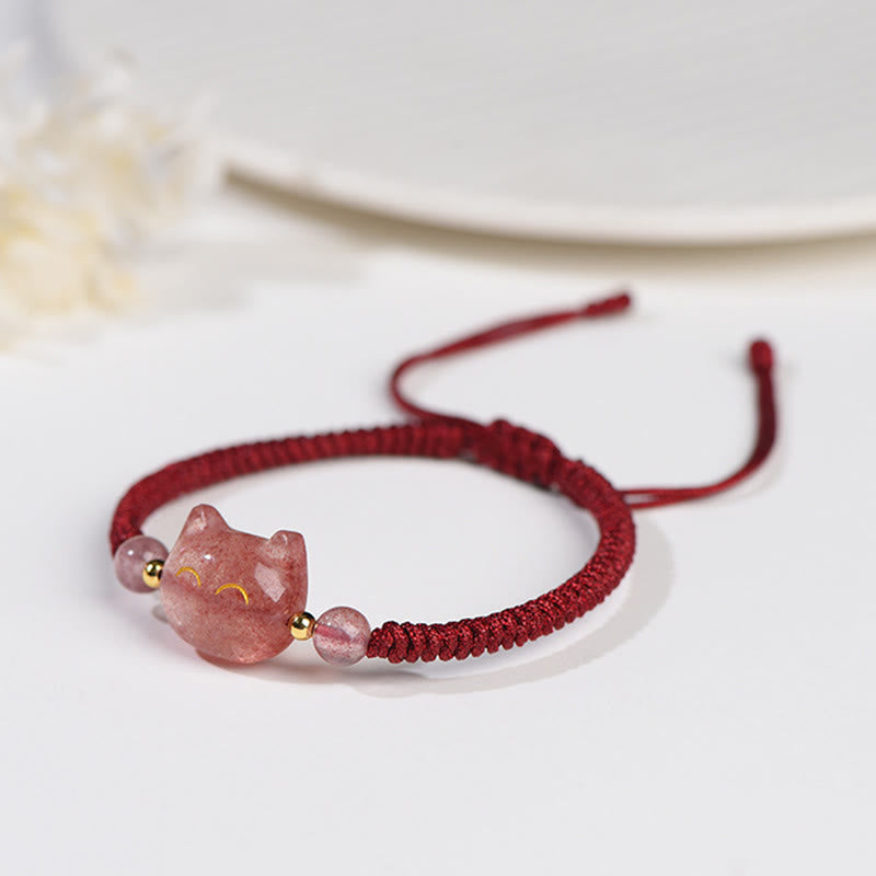 KarmaRipple's Handmade Authentic Silver Sheen Obsidian Strawberry Quartz Cute Cat Protection Woven Bracelet p12
