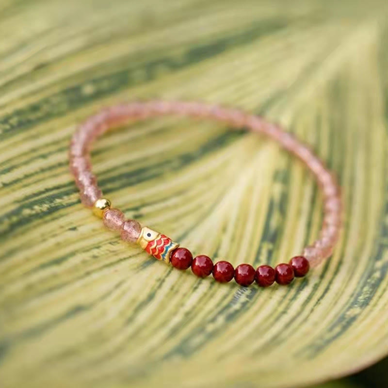 KarmaRipple's Authentic Strawberry Quartz Cinnabar Fortunate Koi Fish Balancing Bracelet p23