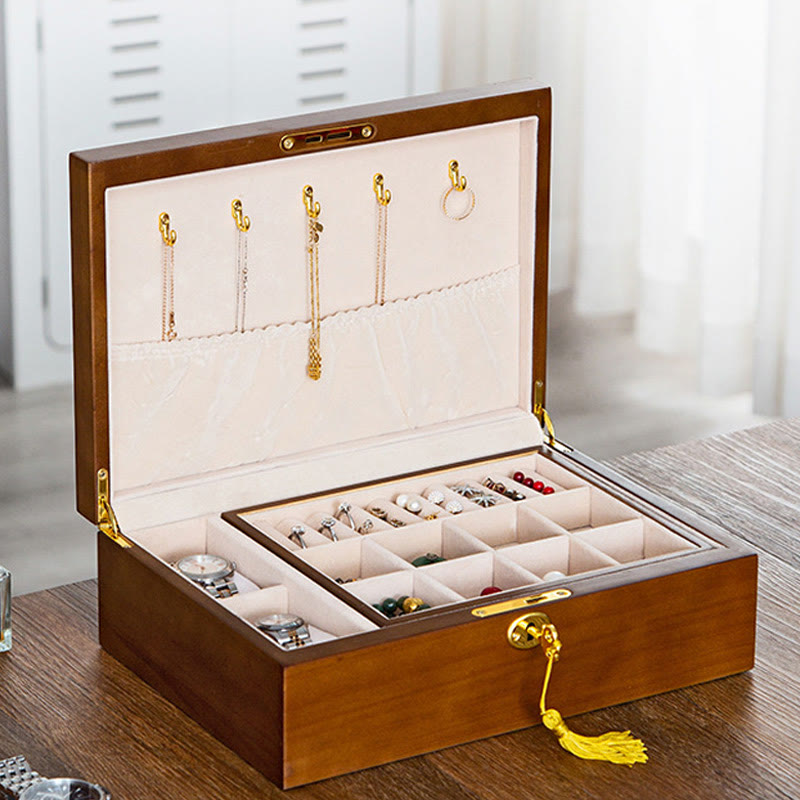 KarmaRipple's Vintage Wooden Jewelry Box Two-Layer Solid Wood Jewelry Storage Box p6