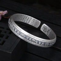 KarmaRipple's 999 Sterling Silver Om Mani Padme Hum Heart Sutra Lotus Peace Bracelet Bangle