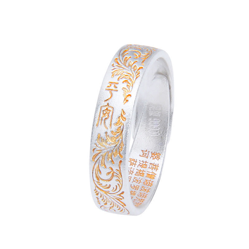KarmaRipple's KarmaRipple 999 Sterling Silver Gold-Painted Joyful Flower Pattern Peaceful Heart Sutra Ring p20