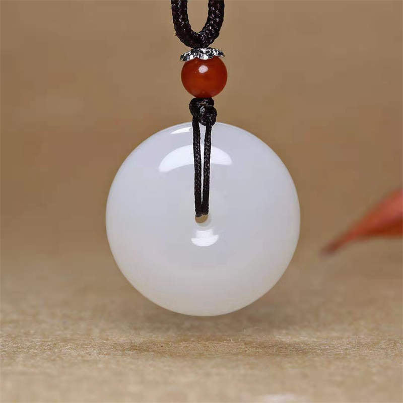 KarmaRipple's Round Hetian Ivory Jade Peace Buckle Blessing Pendant Necklace p3