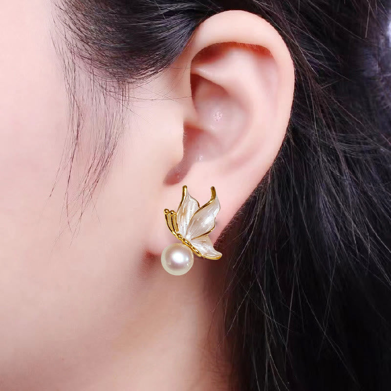 KarmaRipple's 925 Sterling Silver Posts Bronze Plated Gold Authentic Pearl Bead Butterfly Wisdom Stud Earrings p9