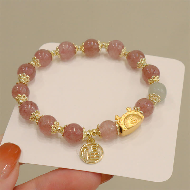 KarmaRipple's Year Of The Dragon Red Agate Strawberry Quartz Black Obsidian Jade Garnet Pearl Cinnabar Dumpling Dragon Fortune Fu Character Bracelet p3