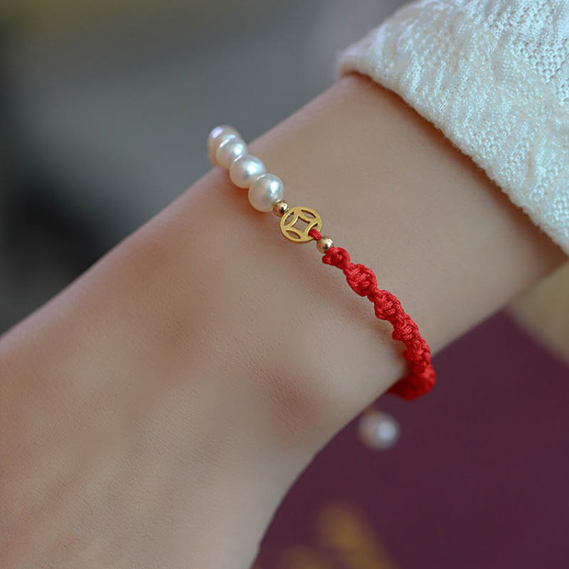 KarmaRipple's 14K Gold Plated Pearl Bead Fortune Protection Braid Red String Bracelet p1
