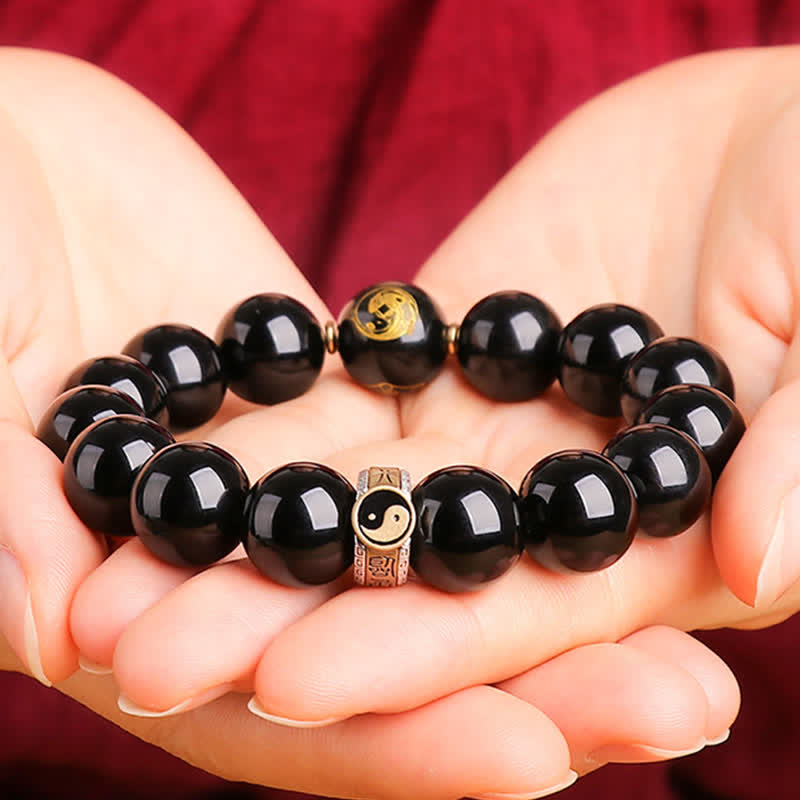 KarmaRipple's 925 Sterling Silver Black Obsidian Gold Sheen Obsidian Silver Sheen Obsidian Yin Yang Protection Bracelet p11