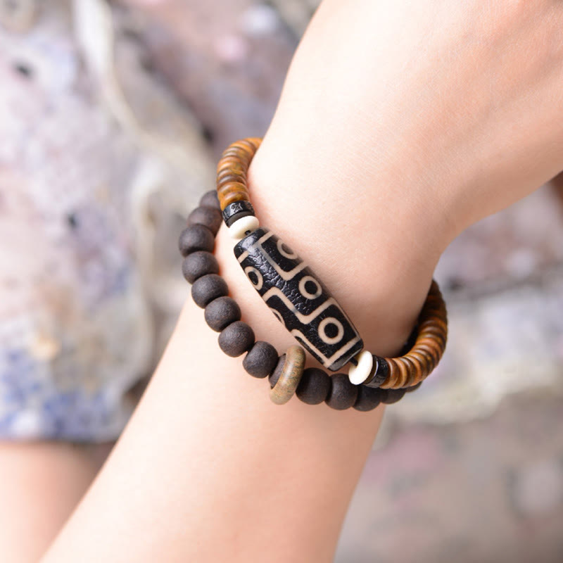 KarmaRipple's Tibetan Nine-Eye Dzi Bead Green Sandalwood Ebony Wood Peace Double Wrap Bracelet p6
