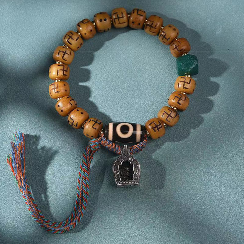 KarmaRipple's Authentic Tibetan Camel Bone Swastika Dzi Bead Shankha Buddha Talisman Kirtimukha Fortune Protection Tassel Bracelet p6