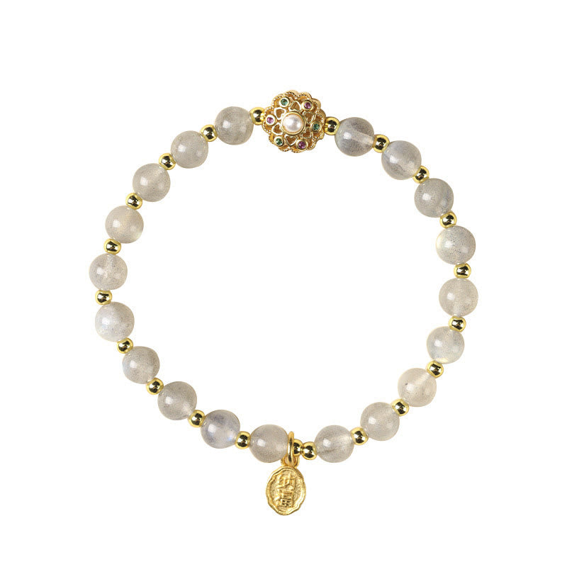 KarmaRipple's 14K Gold Plated Authentic Strawberry Quartz Labradorite Sun Stone Fu Character Positive Talisman Bracelet p12