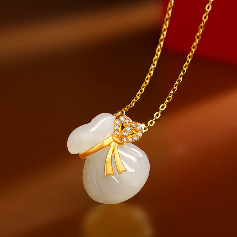 KarmaRipple's Authentic Hetian Ivory Jade Fortune Money Bag Pendant Necklace p1