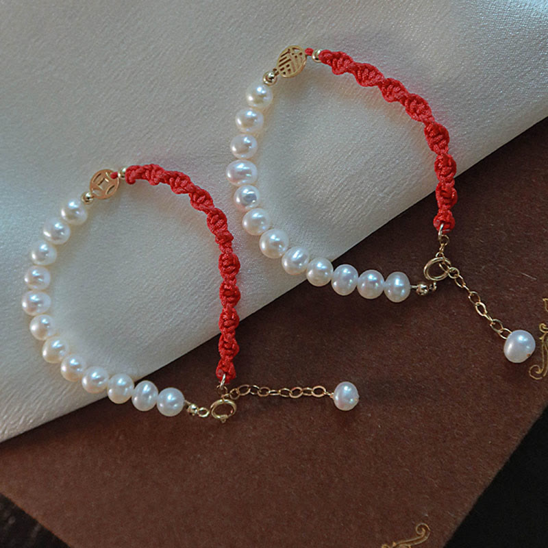 KarmaRipple's 14K Gold Plated Pearl Bead Fortune Protection Braid Red String Bracelet p5