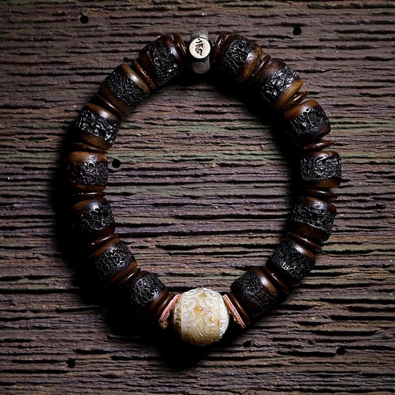 KarmaRipple's 925 Sterling Silver Chinese Zodiac Natal Buddha Handmade Tibet Yak Bone Strength Bracelet p34