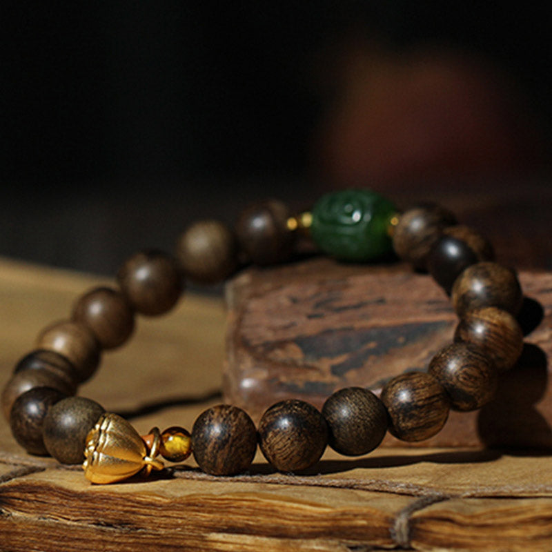 KarmaRipple's 999 Gold Brunei Agarwood Cyan Jade Lotus Flower Peace Strength Bracelet p8