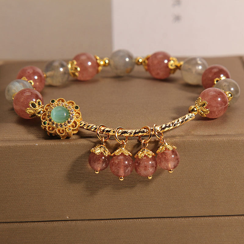 KarmaRipple's Strawberry Quartz Moonstone Balancing Tassel Talisman Bracelet p1