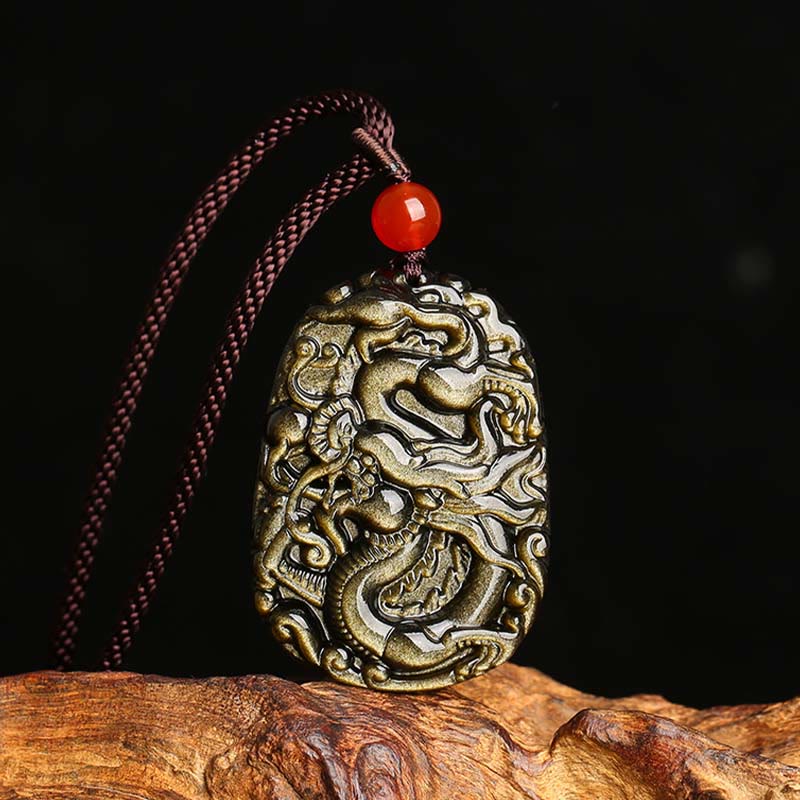 KarmaRipple's Gold Sheen Obsidian Dragon Pattern Success Pendant Necklace p1