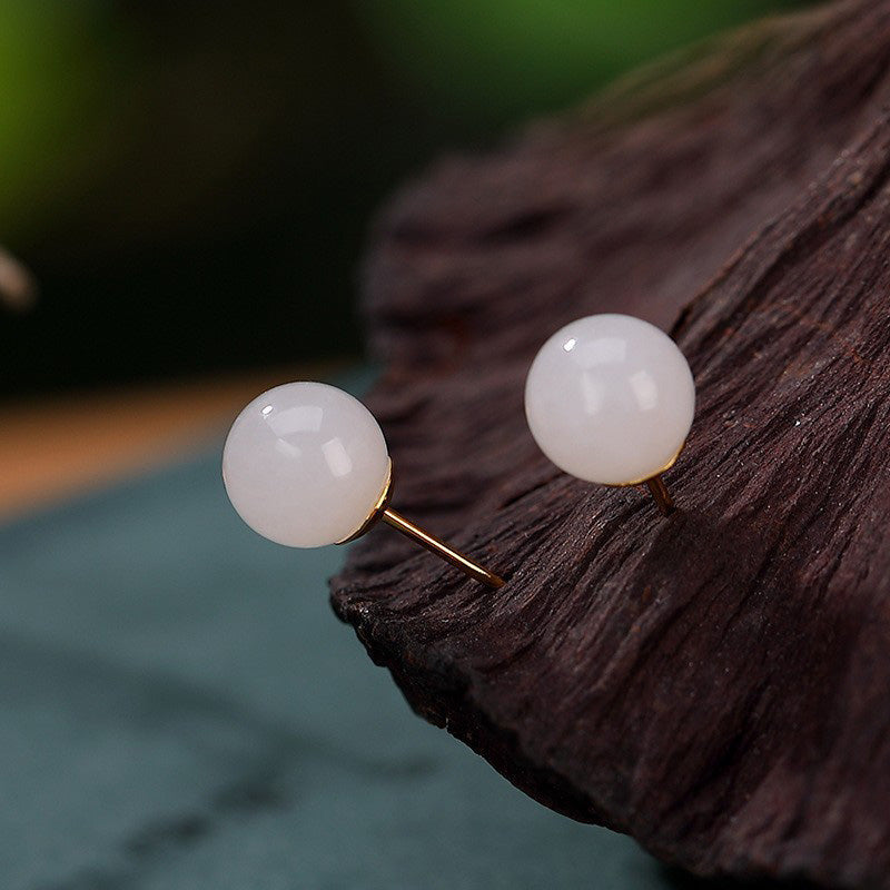 KarmaRipple's 925 Sterling Silver Round Ivory Jade Blessing Stud Earrings p2