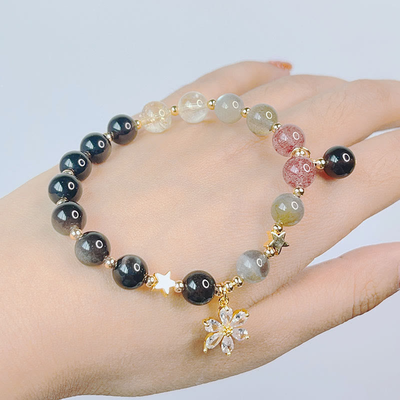 KarmaRipple's Authentic Silver Sheen Obsidian Love Heart Star Flower Protection Bracelet ( p15