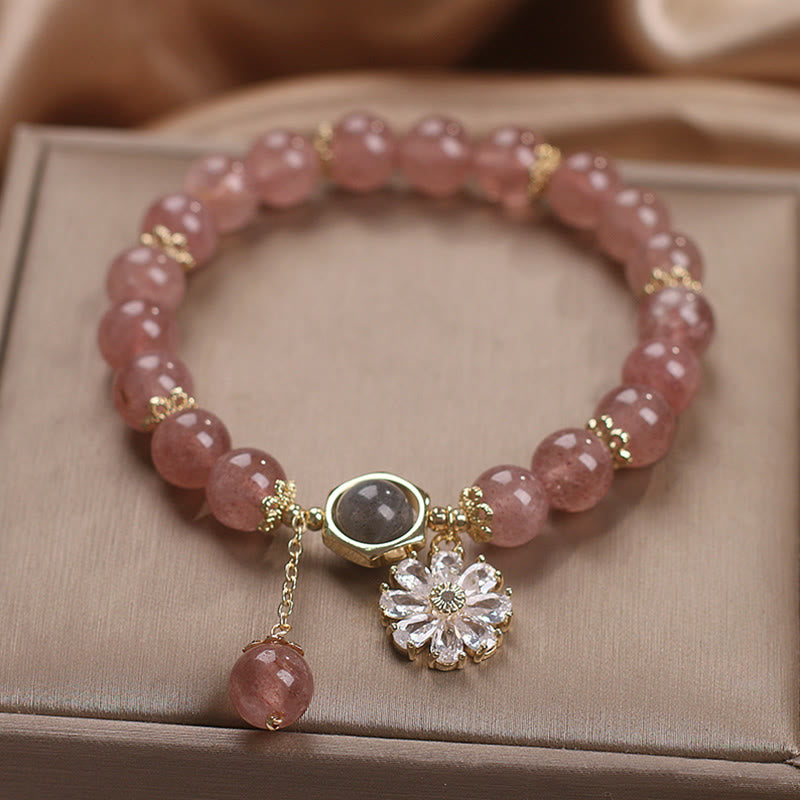 KarmaRipple's Authentic Strawberry Quartz Gemstone Daisy Flower Talisman Positive Balancing Bracelet p5