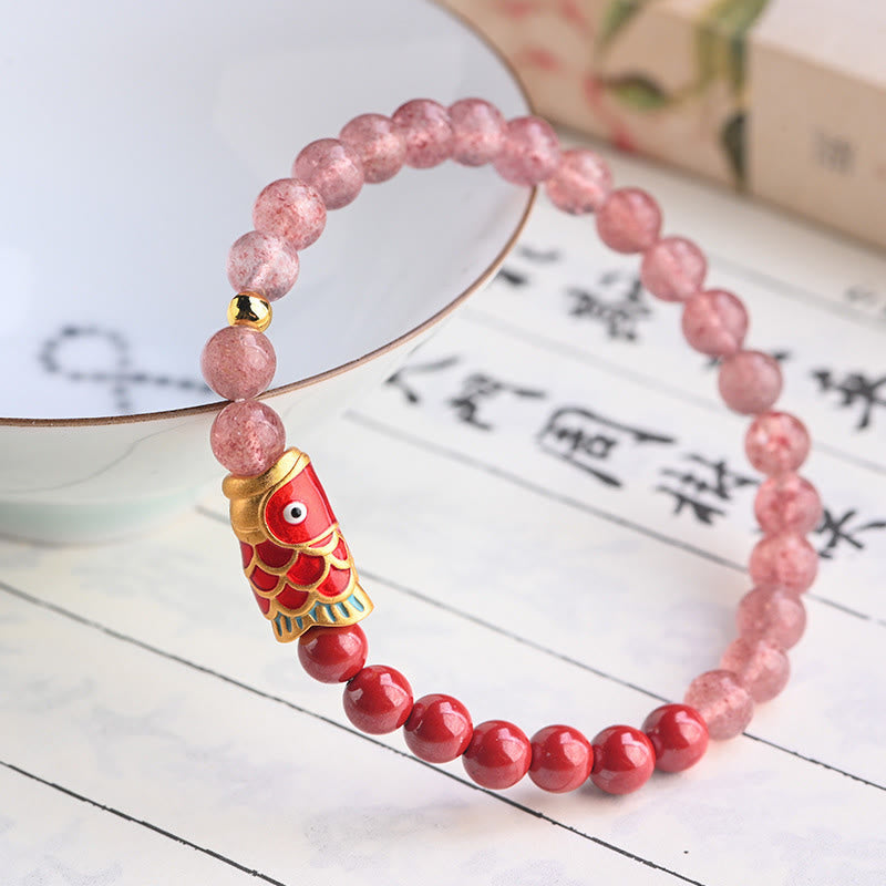 KarmaRipple's Authentic Strawberry Quartz Cinnabar Fortunate Koi Fish Balancing Bracelet p3