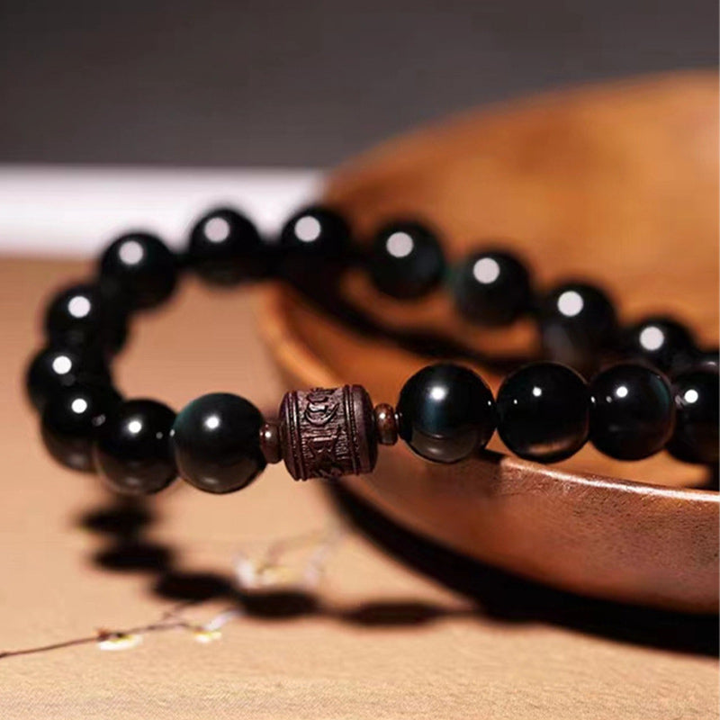 KarmaRipple's Authentic Gold Sheen Obsidian Rainbow Obsidian Om Mani Padme Hum Fu Character Balancing Bracelet p33