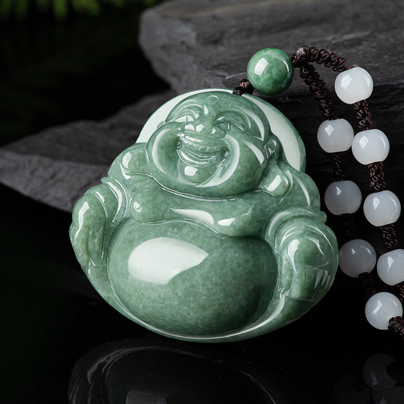 KarmaRipple's Laughing Buddha Cyan Jade Balance Pendant String Bead Necklace p5