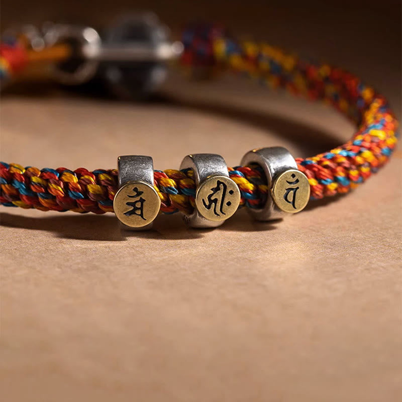 KarmaRipple's Handmade Tibetan 925 Sterling Silver Chinese Zodiac Natal Buddha Zakiram Goddess of Wealth Protection Multicolored Rope Woven Bracelet p18