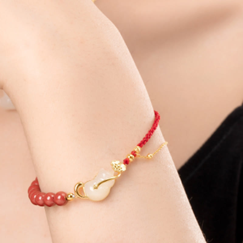 KarmaRipple's 925 Sterling Silver Plated 18K Gold Hetian Jade Ruyi Cat Cinnabar Fortune Bracelet Pendant Necklace Set p13